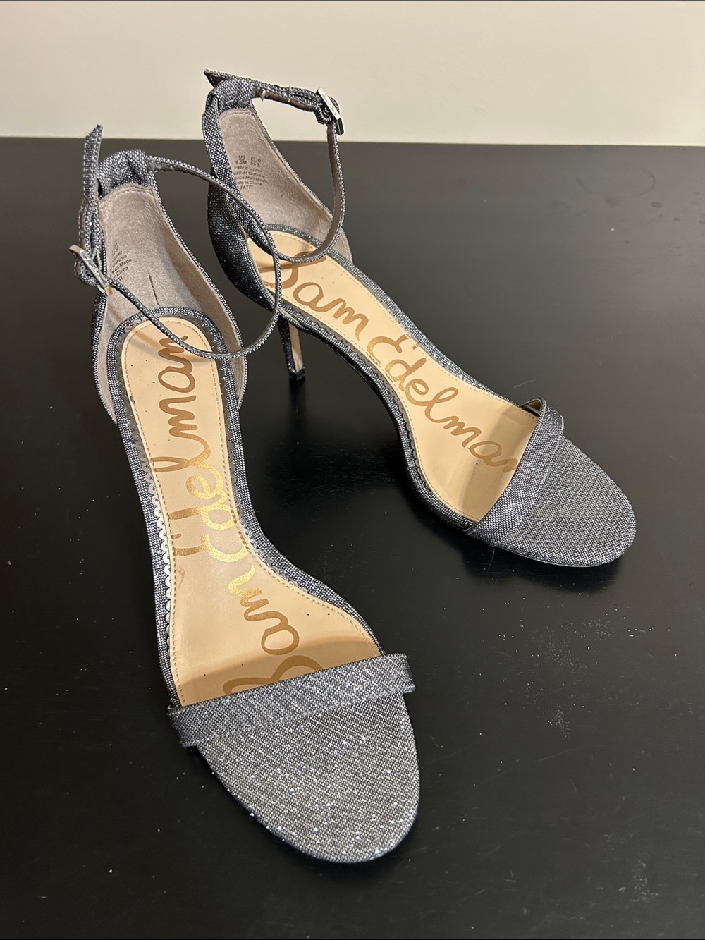 Sam Edelman Silver Glitter Ankle-Strap Stiletto Sandals Heels Size 9.5